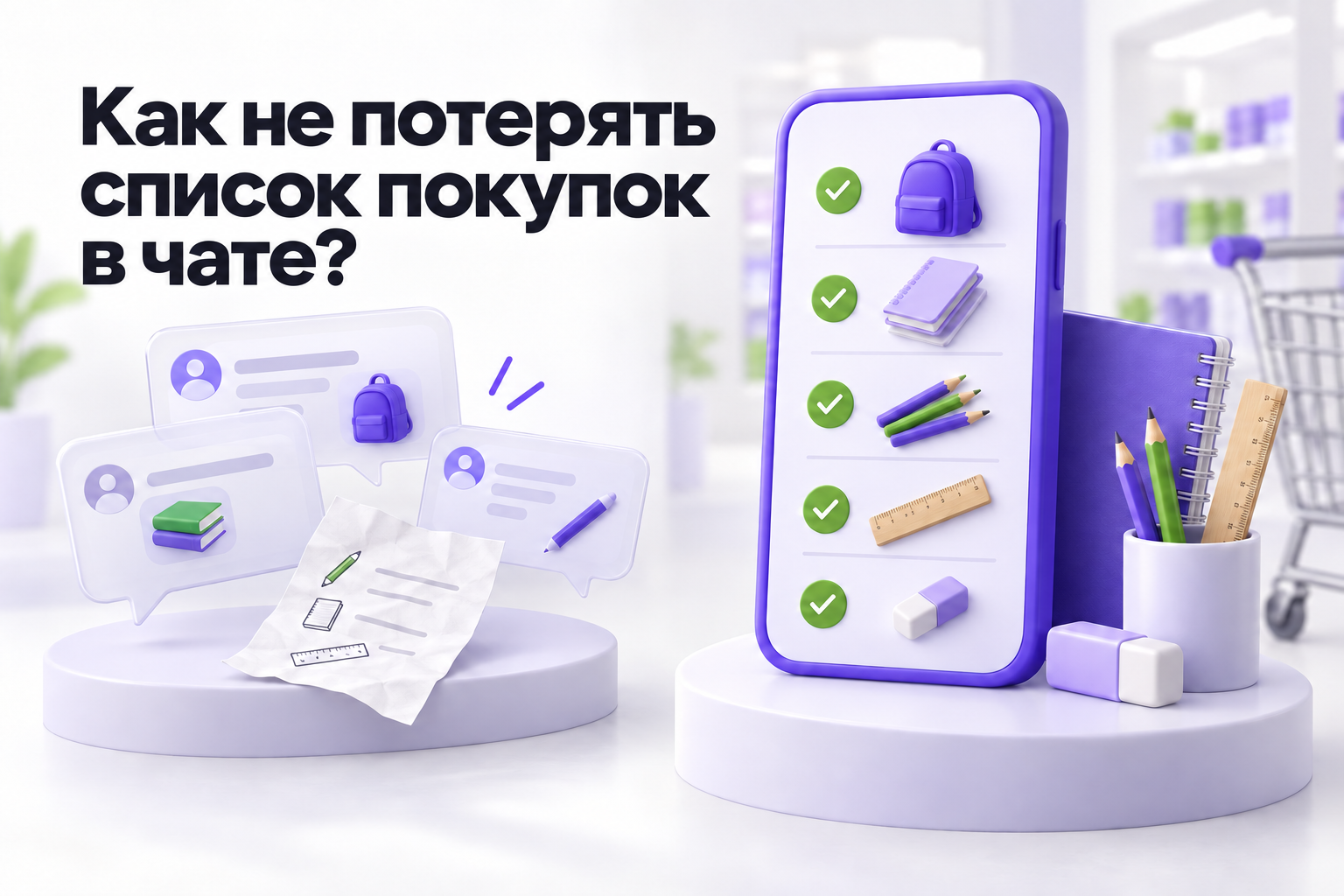 Несколько сообщений о покупках рядом с единым списком школьных принадлежностей
